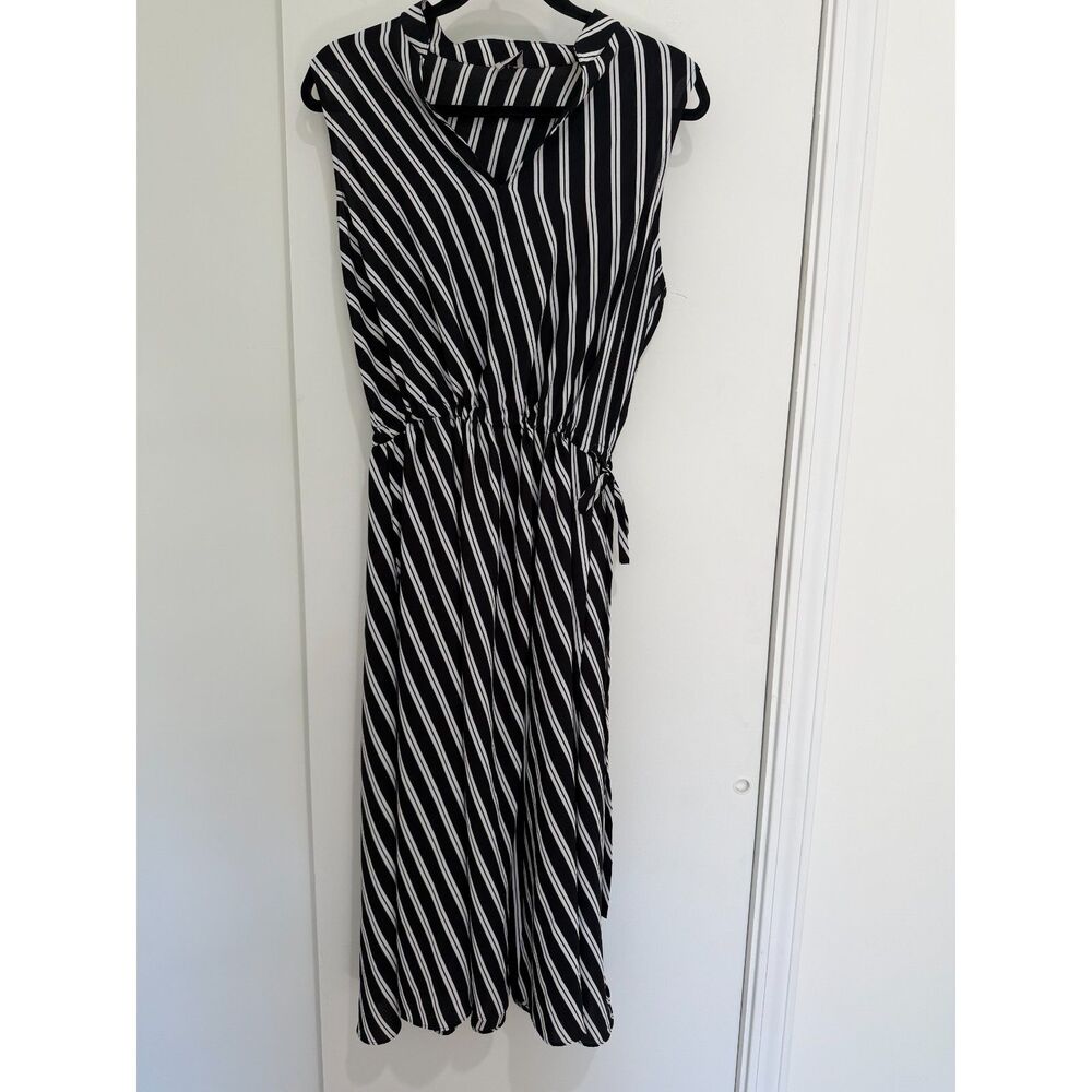 Anne Klein Black & White Striped Sleeveless Midi Dress Side Tie Waist One Size